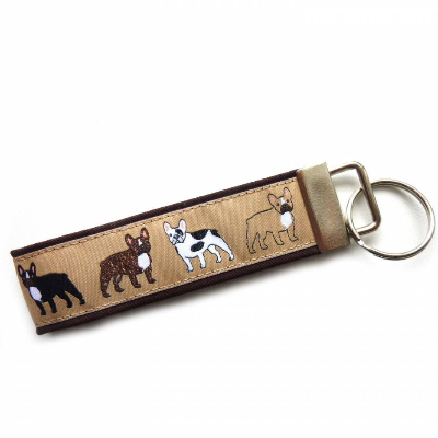 Schlüsselanhänger Schlüsselband "Französische Bulldogge" in braun und beige aus Baumwollstoff und Webband