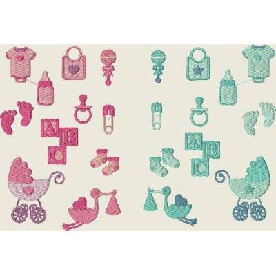 Stickdatei Baby Alarm XXL  26 Muster Girl Boy Storch Kinderwagen Nuckel Füsse Body Maschinenstickerei Set 120