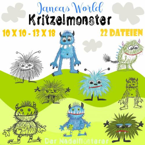 Digitale Stickserie Janeas World Kritzelmonster 10x10 - 13x18 cm (4x4 - 5x7") Stickrahmen