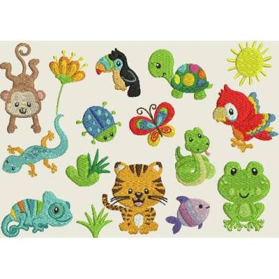 Stickdatei Regenwald Dschungel Zoofreunde  Tiger Gecko Frosch Papagei Schlange Schmetterling Maschinestickerei 4x4"