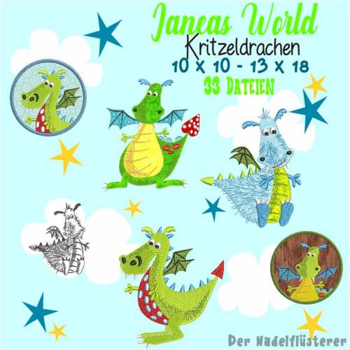 Digitale Stickserie Janeas World Kritzeldrachen 10x10 - 13x18 cm (4x4 - 5x7") Stickrahmen