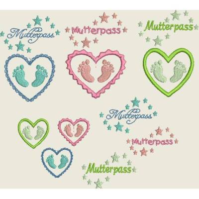 Stickdatei Mutterpass  Herz  Stern  Babyfüsse 394 Maschinenstickerei