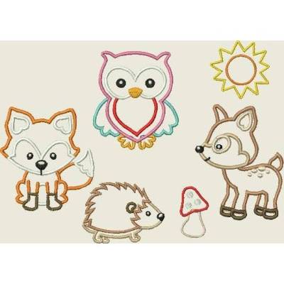 Stickdatei Tiere im Wald  Fuchs, Eule Applikation Reh Igel Sonne Pilz Maschinenstickerei 204