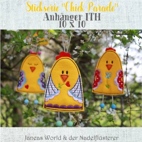 Digitale Stickserie Chick Parade Anhänger ITH 10x10 cm (4x4") Stickrahmen