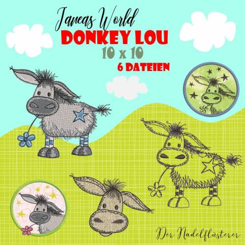 Digitale Stickserie Janeas World Donkey Lou 10x10 cm (4x4") Stickrahmen