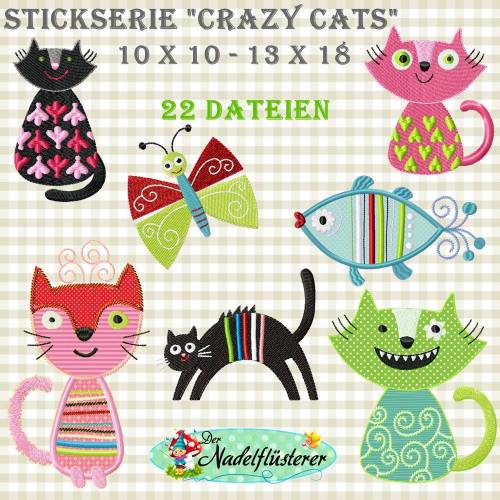 Digitale Stickserie Crazy Cats 10x10 - 13x18 cm (4x4 - 5x7") Stickrahmen