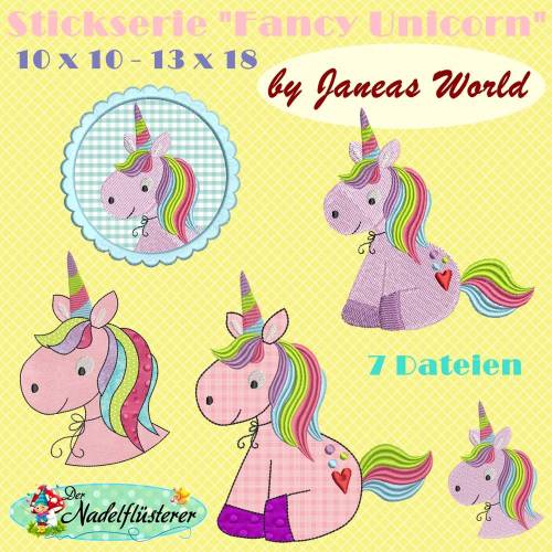 Digitale Stickserie Janeas World Fancy Unicorn 10x10 - 13x18 cm (4x4 - 5x7") Stickrahmen