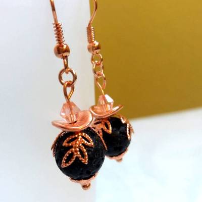 Ohrringe/Ohrhaken mit Lavaperlen, roségoldfarben, schwarz, Ohrringe, Ohrhaken, Lavaperle, Lavaperlen