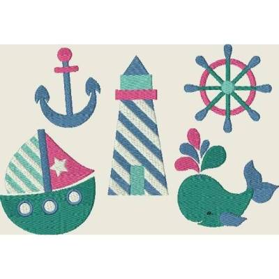 Stickdatei Seefahrt  Maritim   Urlaub Anker Boot Leuchtturm Wal Steuerrad Maschinenstickerei 321