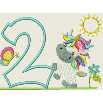 Stickdatei Einhorn  2 Geburtstagszahl Zahl 2. Geburtstag Maschinenstickerei Birthday Number 5x7"