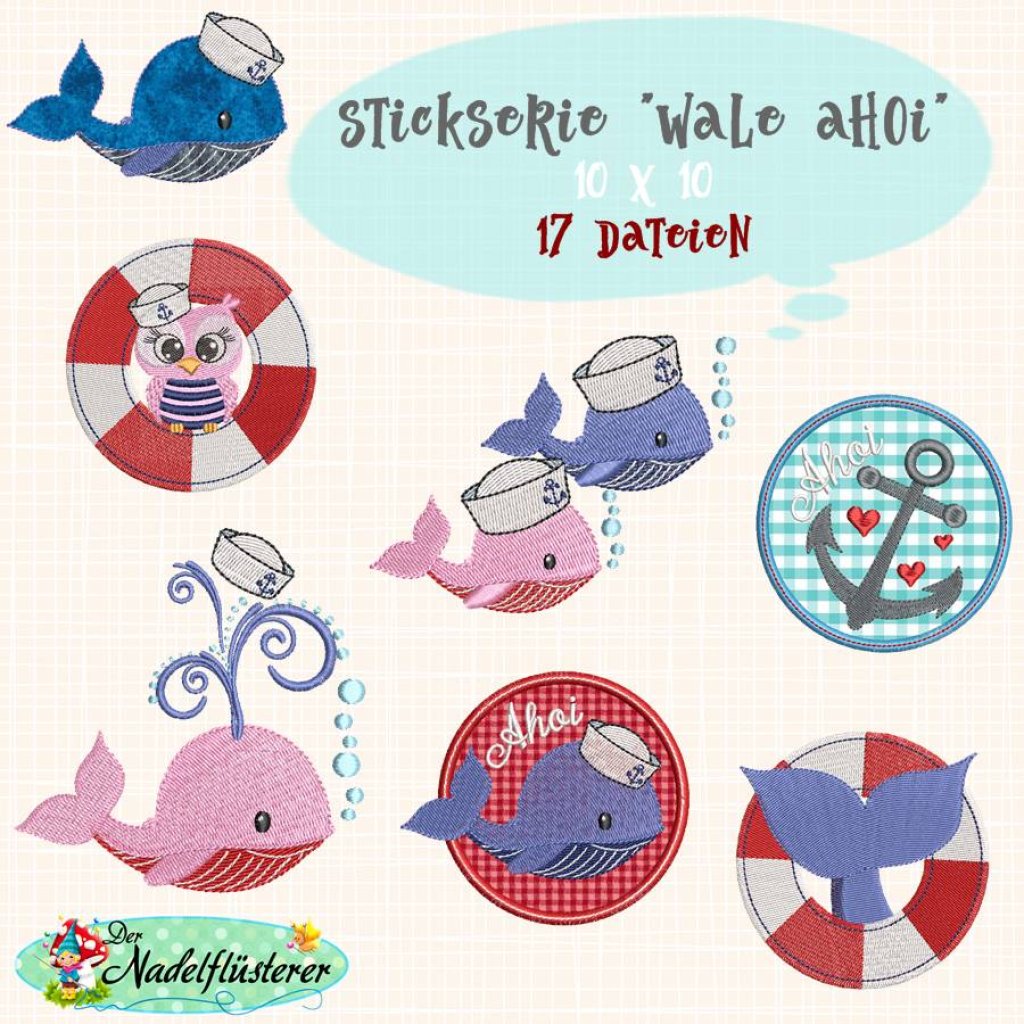 Digitale Stickserie Wale Ahoi 10x10 cm (4x4") Stickrahmen Bild 1
