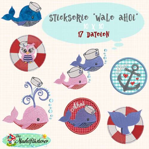 Digitale Stickserie Wale Ahoi 10x10 cm (4x4") Stickrahmen