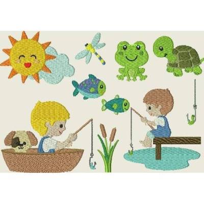 Stickdatei  * Jungen gehen Angeln * Maschinenstickerei  Fisch, Angel Hund Boy 312