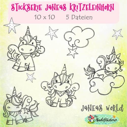Digitale Stickserie Janeas Kritzeleinhorn 10x10 cm (4x4") Stickrahmen