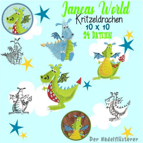 Digitale Stickserie Janeas World Kritzeldrachen 10x10 cm (4x4") Stickrahmen