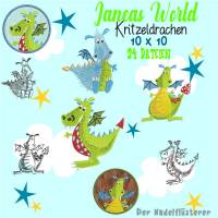 Digitale Stickserie Janeas World Kritzeldrachen 10x10 cm (4x4") Stickrahmen Bild 1