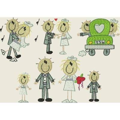 Stickdatei  Hochzeit Familie Strichmännchen Maschinenstickerei Set 257