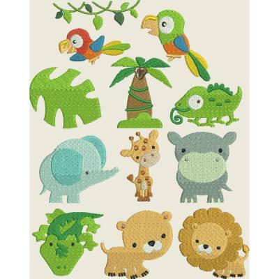 Stickdatei  Dschungel / Zoo / Giraffe Elefant Löwe Papagei Krokodil  Palme Maschinenstickerei Set 495