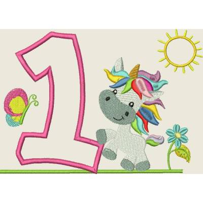 Stickdatei Einhorn  1 Geburtstagszahl Zahl 1. Geburtstag Maschinestickerei Birthday Number 5x7"