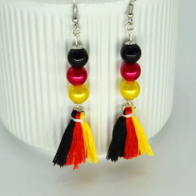 Ohrringe, schwarz rot gelb, Perlen & Quaste, Ohrhänger, Ohrhaken, Perlenohrringe, Quastenohrringe, Ohrringe Perlen, Ohhringe Quaste