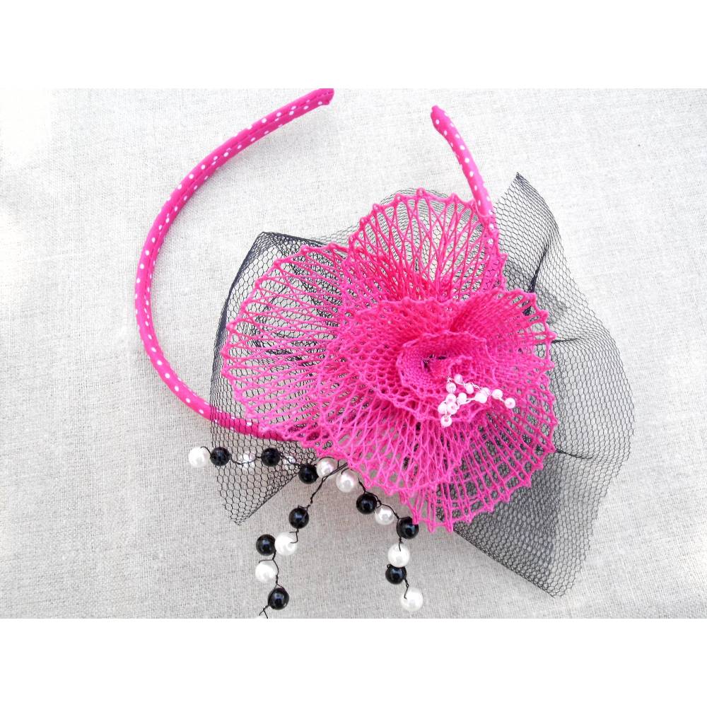 Haarschmuck pink schwarz weiß Haarreif Rockebilly Hochzeit geklöppelt Handarbeit Brautschmuck Bild 1