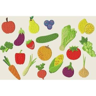 Stickdatei Obst und Gemüse Stickmuster 355 Maschinestickerei Tomate Paprika Mais Orange Apfel Birne Erdbeere Brokkoli