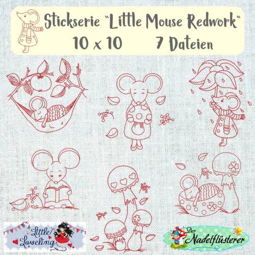 Digitale Stickserie Little Mouse Redwork 10x10 (4x4") Stickrahmen