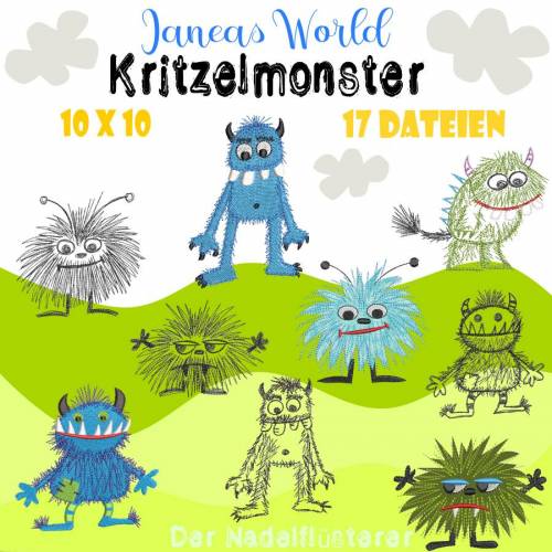 Digitale Stickserie Janeas World Kritzelmonster 10x10 cm (4x4") Stickrahmen