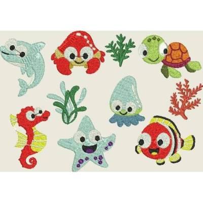 Stickdatei Kleine Puschen Motive Unterwasserwelt Seepferdchen Koralle Krabbe Krebs Seestern Clownfisch Maschinenstickerei 063