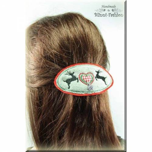 Haarspange Oktoberfest mit Hirsch. Trachten Haarschmuck aus Wollstoff bestickt