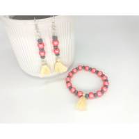 Schmuckset, Armband & Ohrringe, grau, rosa, Perlenschmuck, Perlenarmband, Perlenohrringe Bild 1