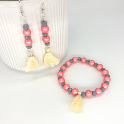 Schmuckset, Armband & Ohrringe, grau, rosa, Perlenschmuck, Perlenarmband, Perlenohrringe