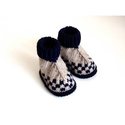 gestrickte Babyschuhe blau beige gemustert Größe 3-6 Monate aus Wolle
