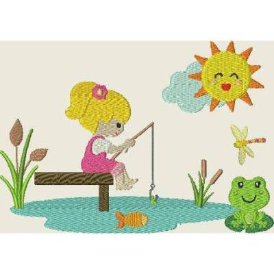 Stickdatei   Mädchen geht Angeln Taschenmotiv TM31 13x18cm 5x7" Maschinenstickerei