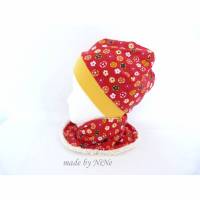 Set Beanie Mütze + Halssocke rot, bunte Blüten Bild 1