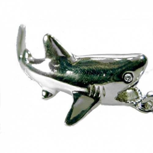 Hai Fisch Anhänger Silber 925 HaiFisch Tauchen Fische Shark Massiv Zirkonia Augen