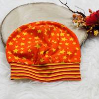 Beanie Mütze orange mit gelben Sternen Bild 1