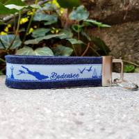Schlüsselanhänger Schlüsselband Wollfilz dunkelblau Webband Skyline Bodensee hellblau Geschenk! Bild 1