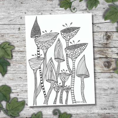 Einzigartiges Blumendesign mit Fineliner auf Künstlerpapier, Crazy Flowers als Schwarz- Weiß Kunstwerke, ungerahmt, Wand