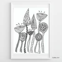 Schwarz-Weiß Zeichnungen mit lichtechtem Fineliner, ungerahmt, witzige Blumen, Crazy Flowers, Wandkunst, Illustration Bild 3