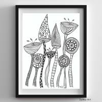 Schwarz-Weiß Zeichnungen mit lichtechtem Fineliner, ungerahmt, witzige Blumen, Crazy Flowers, Wandkunst, Illustration Bild 4