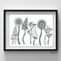 Witzige Zeichnungen mit Fineliner, beliebte Crazy Flowers, Blumen, ungerahmt. Einzigartige Schwarz/Weiß Kunstwerke, Wanddekoration Bild 3