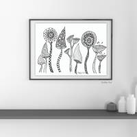 Witzige Zeichnungen mit Fineliner, beliebte Crazy Flowers, Blumen, ungerahmt. Einzigartige Schwarz/Weiß Kunstwerke, Wanddekoration Bild 5