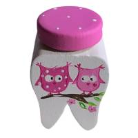 Milchzahndose Zahndose für Milchzähne Eulen -Fliegenpilze weiss pink Bild 1