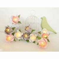 Lichterkette kleine Rosen rosé-weiß-grau, Nachtlicht, Kinderzimmerdeko, Einschulung Geschenk Bild 1