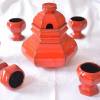 vintage rotes Keramik Bowleservice aus den 70ern, sechseckig, Rarität, 7 teilig, innen schwarz, außen rot, glasiert, Bild 2
