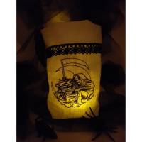 Halloween Windlicht Lichtbeutel Vasenhusse Sensenmann GESTICKT Leinen Spitze Bild 1