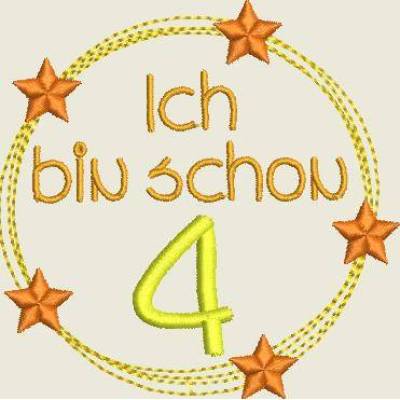 Stickdatei Doodle Rahmen  " Ich bin schon 4 " , in 3 Grössen  Maschinenstickerei, Geburtstag,