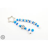 Taschenbaumler/Schlüsselanhänger mit Namen - Fußball/Glöckchen in blau/weiss - Taschenanhänger/Namenanhänger - Bild 1