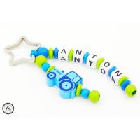 Taschenbaumler/Schlüsselanhänger mit Wunschname - Traktor/Bulldog in blau/hellgrün Bild 1